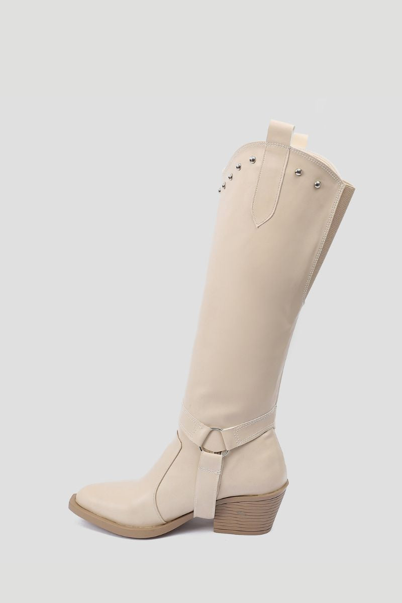 BEIGE KNEE-HIGH COWBOY CONVERTIBLE BOOTS