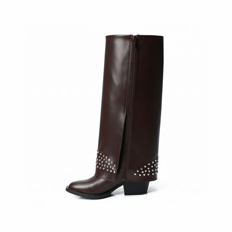 BROWN LEATHER STUDDED OVERLAY BOOTS