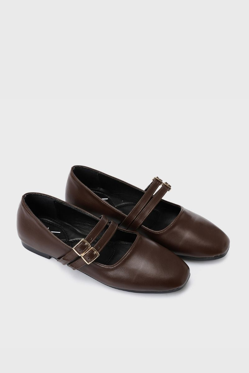 BROWN DOUBLE BUCKLE BALLERINA