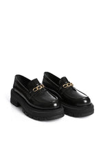 BLACK VERNE LEATHER CHUNKY CHAIN LOAFERS