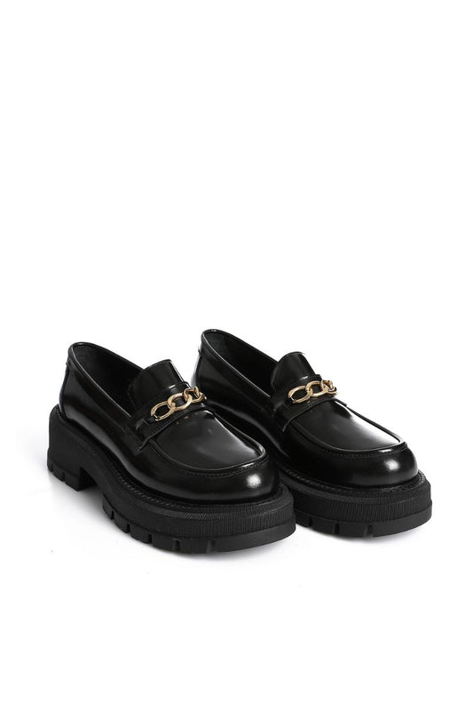 BLACK VERNE LEATHER CHUNKY CHAIN LOAFERS