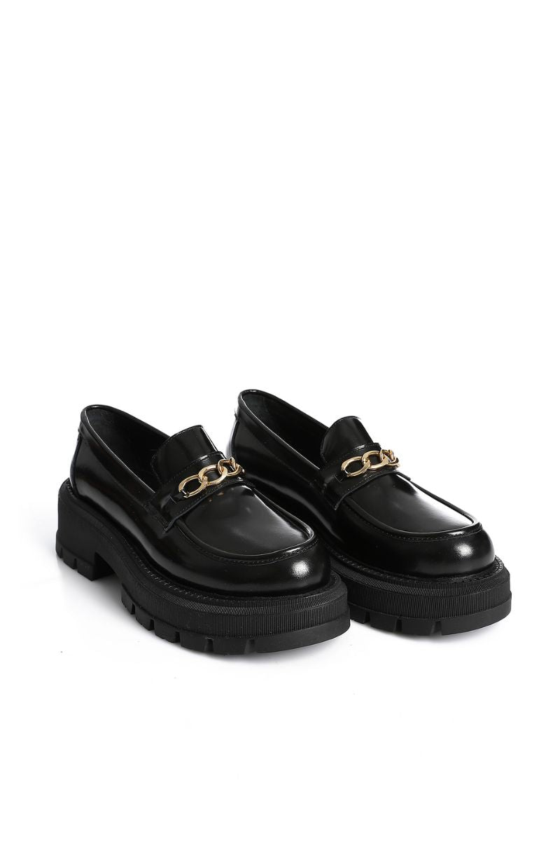 BLACK VERNE LEATHER CHUNKY CHAIN LOAFERS