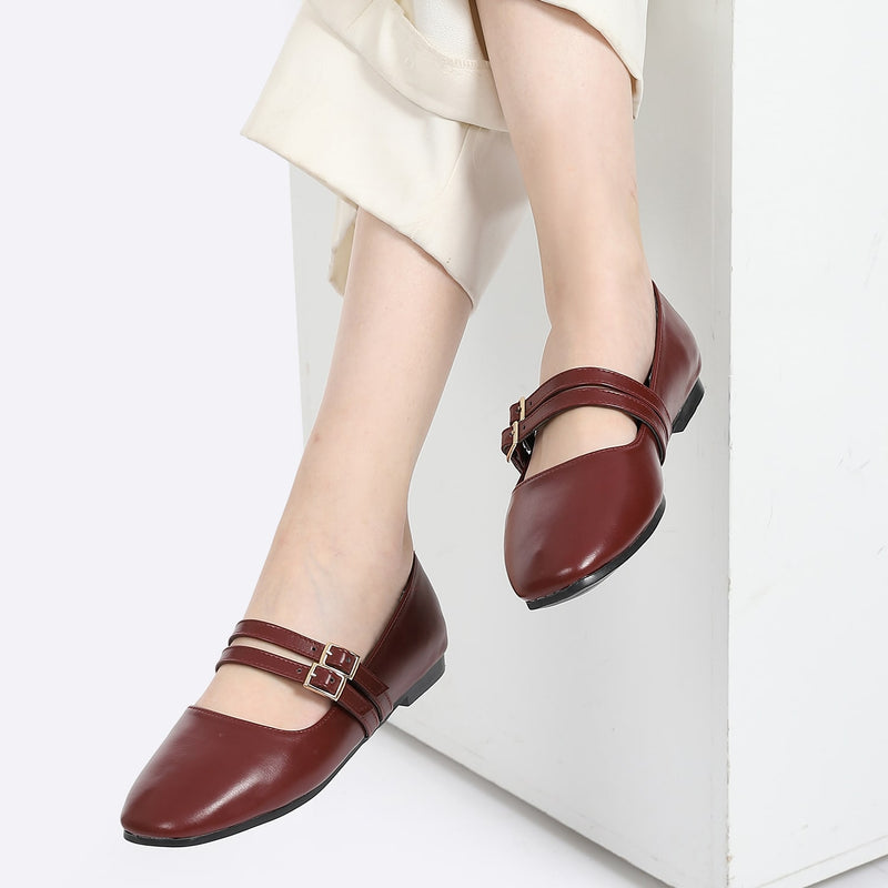Burgundy Double Buckle Ballerina