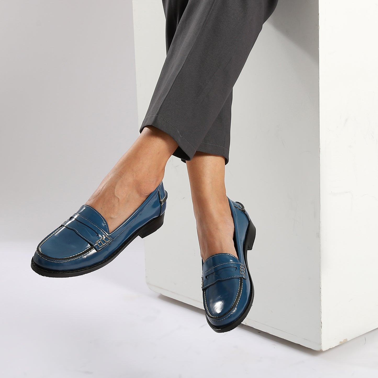 Blue Leather Penny Loafers