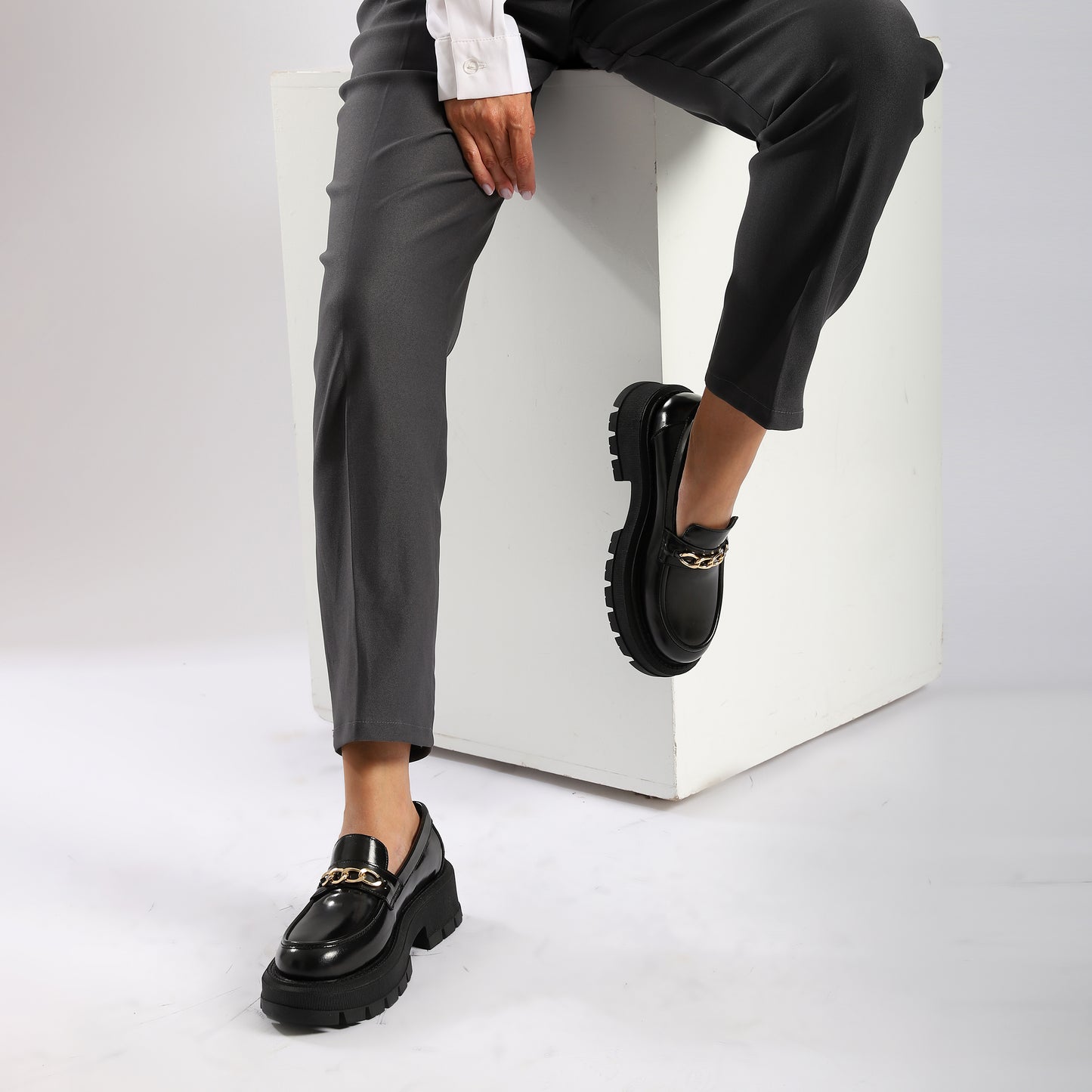 Black Verne Leather Chunky Chain Loafers