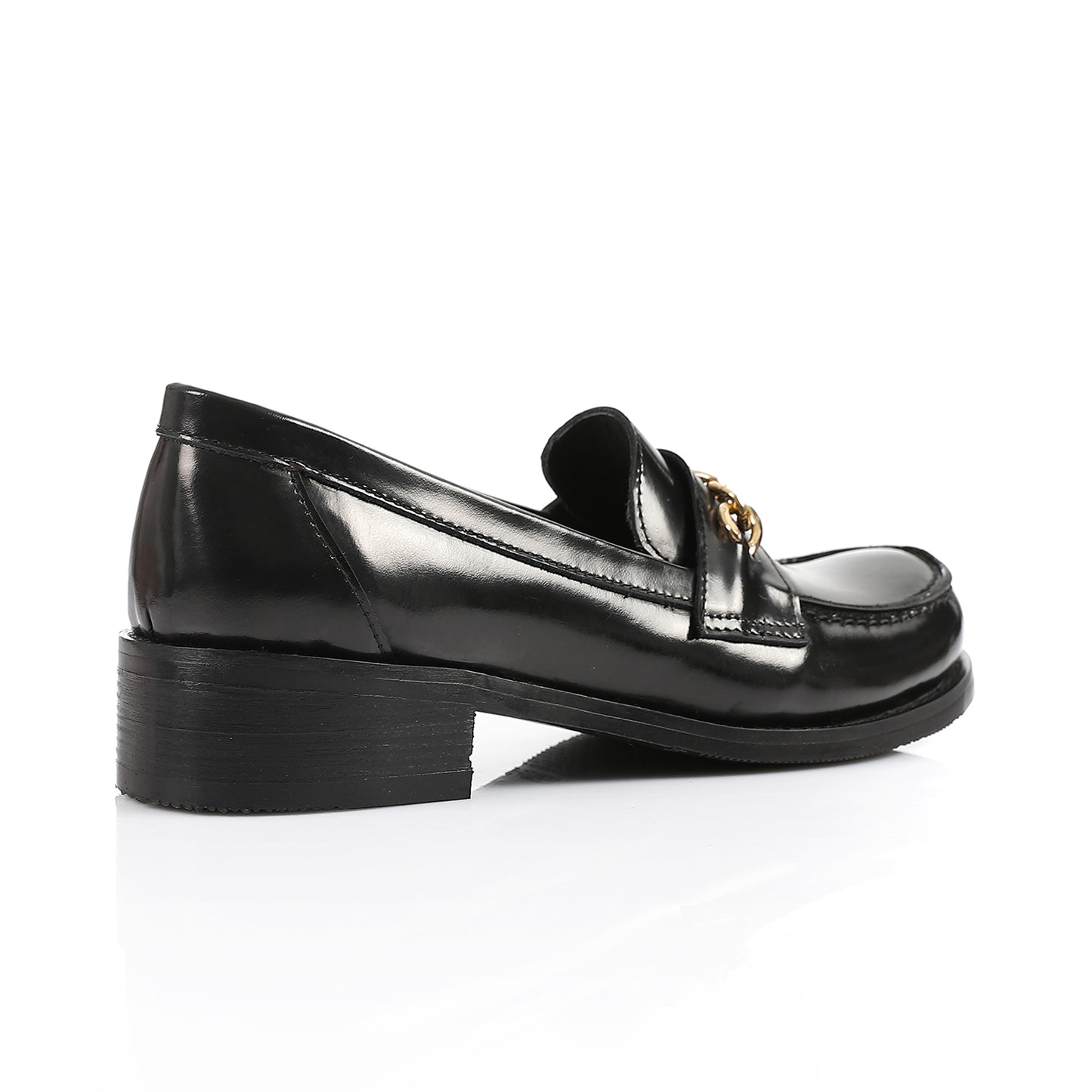 Black Leather Heeled Penny Chain Loafers