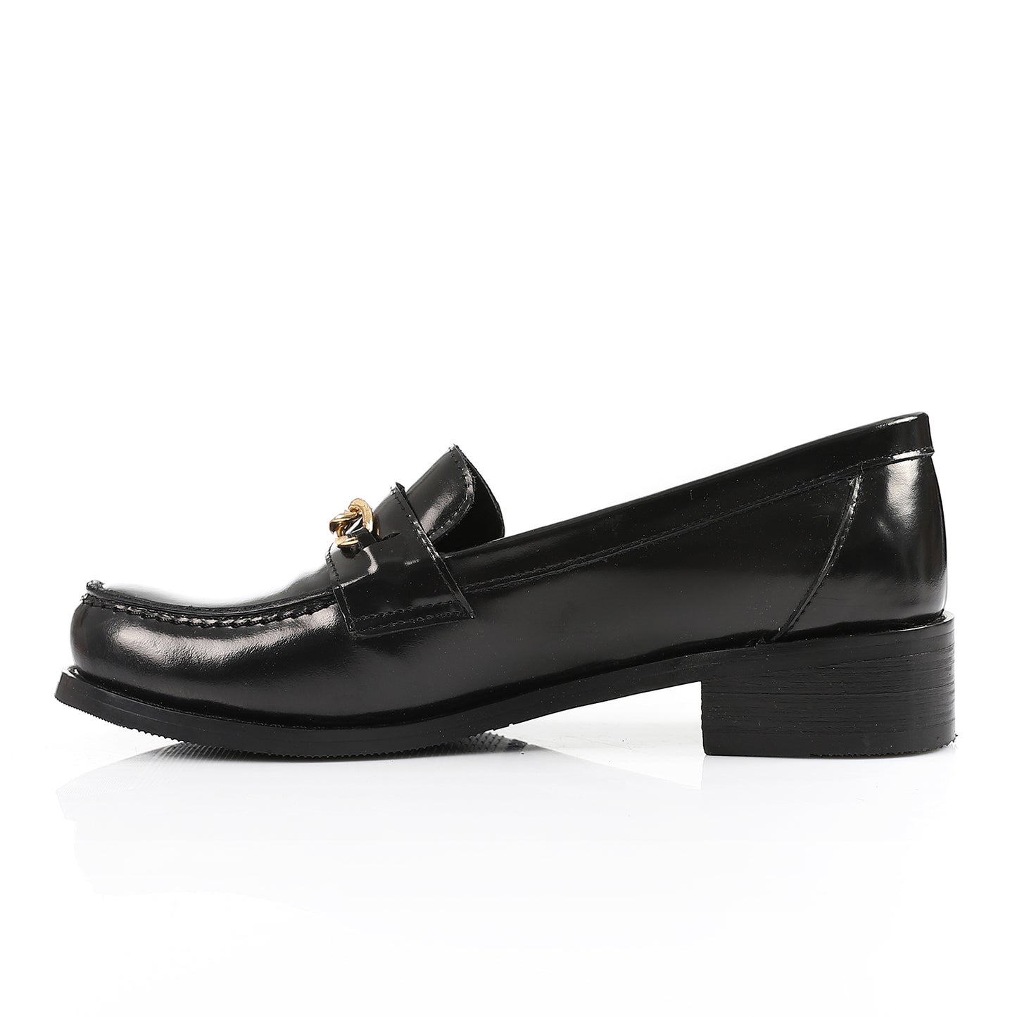 Black Leather Heeled Penny Chain Loafers