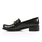 Black Leather Heeled Penny Chain Loafers