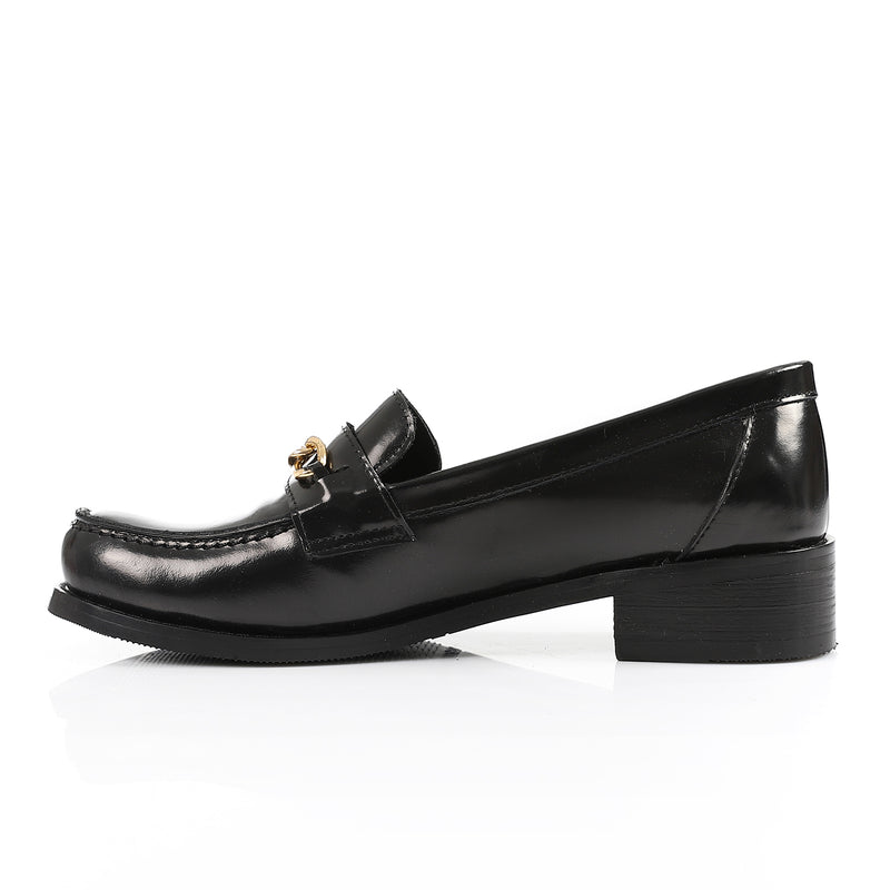 Black Leather Heeled Penny Chain Loafers
