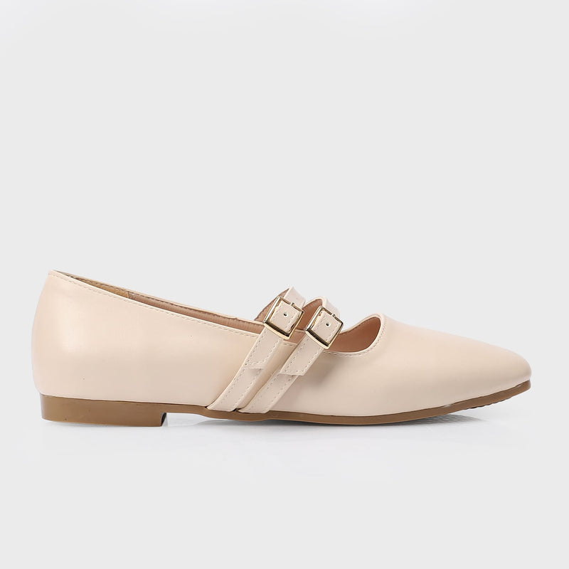 Beige Double Buckle Ballerina