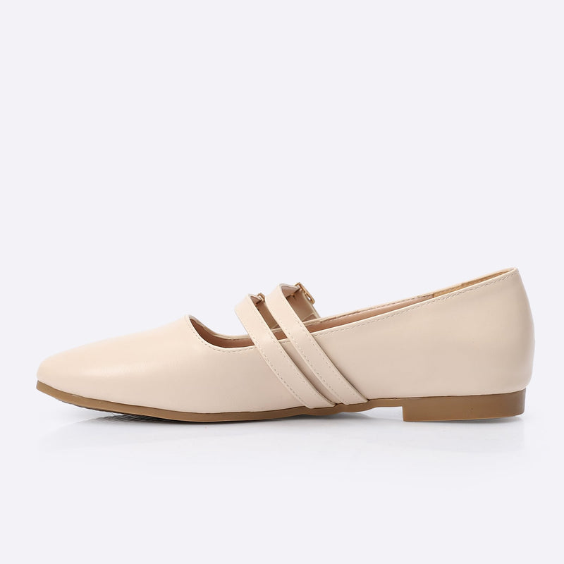 Beige Double Buckle Ballerina