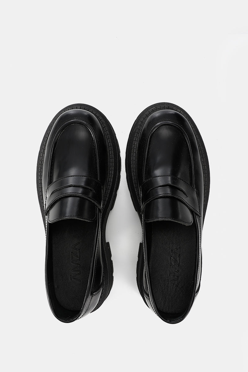 BLACK SEMI-GLOSS LEATHER CHUNKY LOAFERS