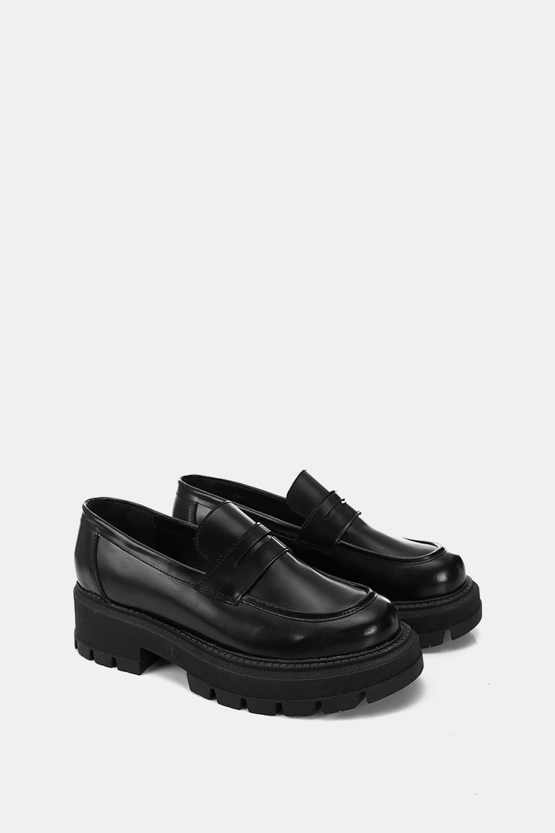 BLACK SEMI-GLOSS LEATHER CHUNKY LOAFERS