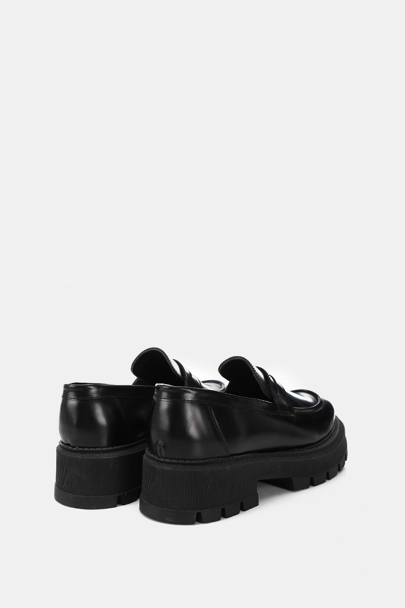 BLACK SEMI-GLOSS LEATHER CHUNKY LOAFERS