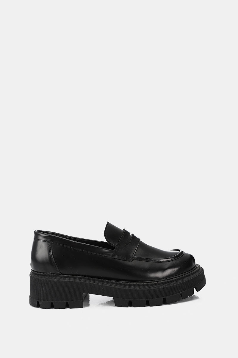BLACK SEMI-GLOSS LEATHER CHUNKY LOAFERS