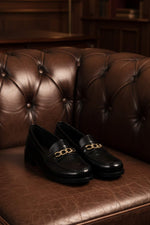 Black Leather Heeled Penny Chain Loafers