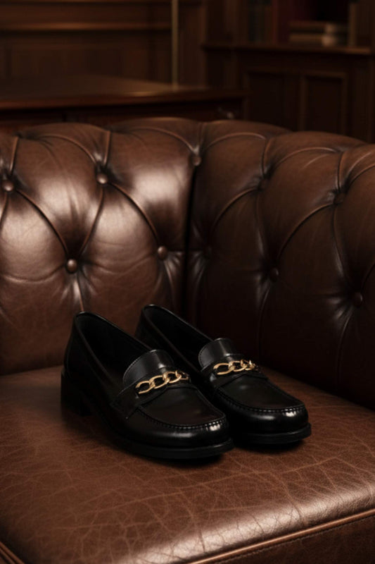 Black Leather Heeled Penny Chain Loafers