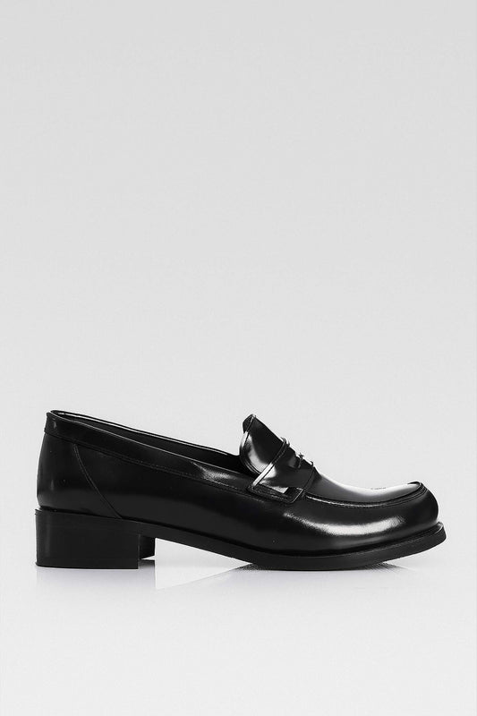 Black Leather Heeled Penny Loafers