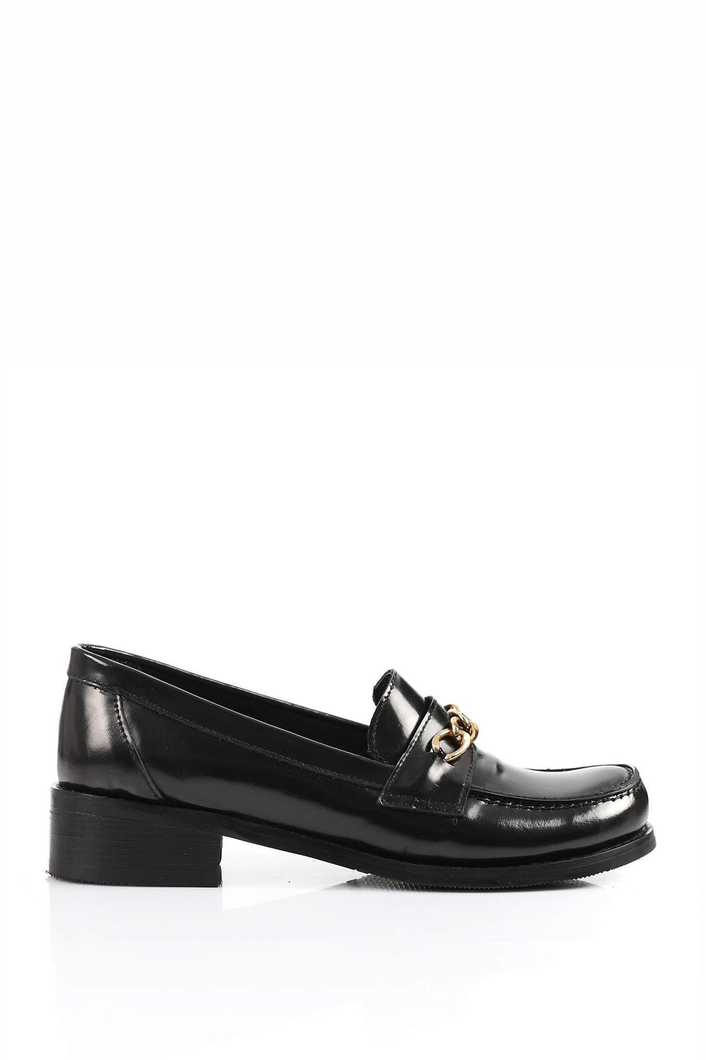 Black Leather Heeled Penny Chain Loafers