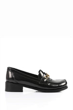 Black Leather Heeled Penny Chain Loafers