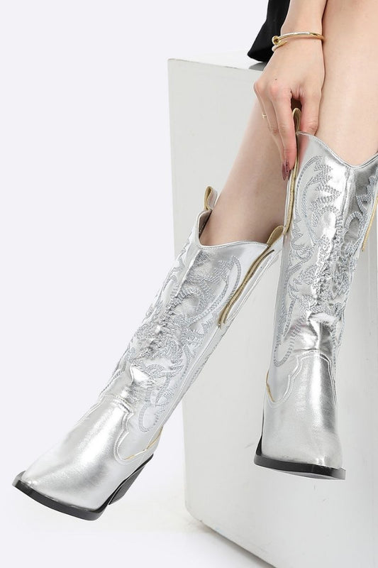 Embroidered Metallic Silver Cowboy Boots