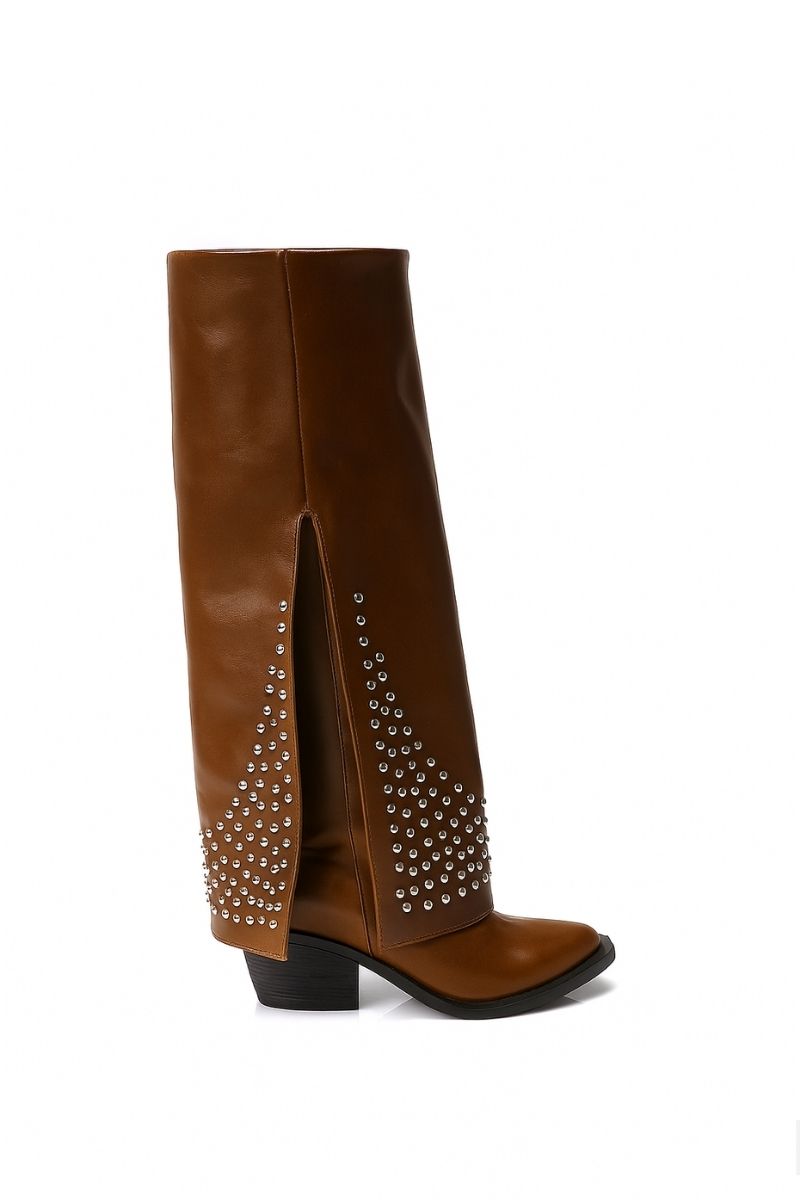 Brown Leather Studded Overlay Boots