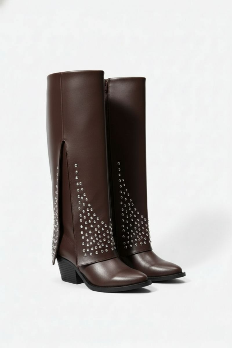 BROWN LEATHER STUDDED OVERLAY BOOTS