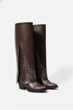 BROWN LEATHER STUDDED OVERLAY BOOTS