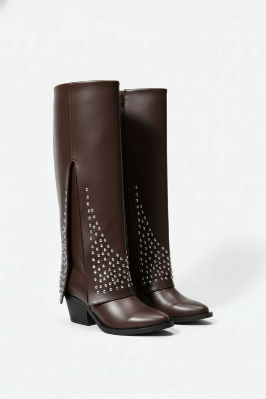 Brown Leather Studded Overlay Boots