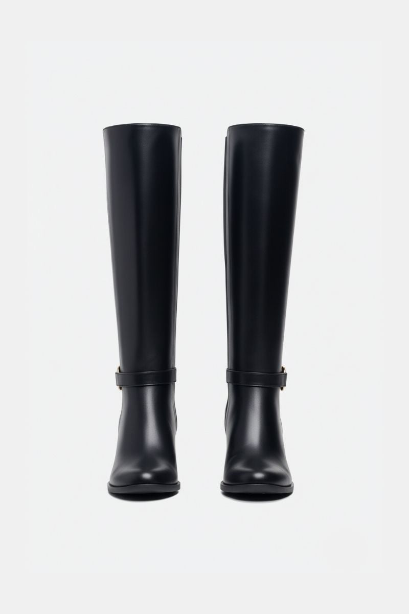 BLACK FAUX LEATHER KNEE-HIGH BOOTS