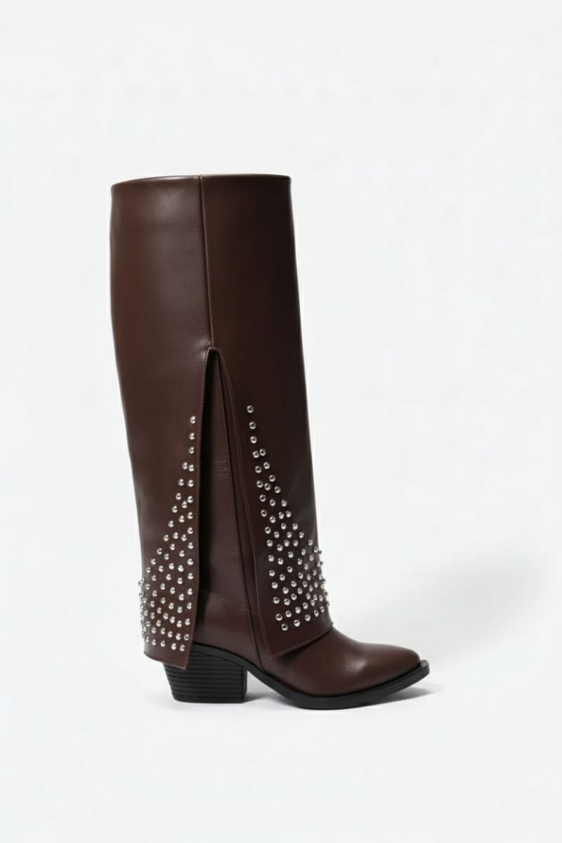 BROWN LEATHER STUDDED OVERLAY BOOTS
