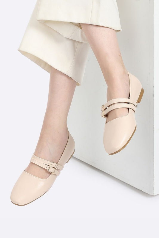 Beige Double Buckle Ballerina
