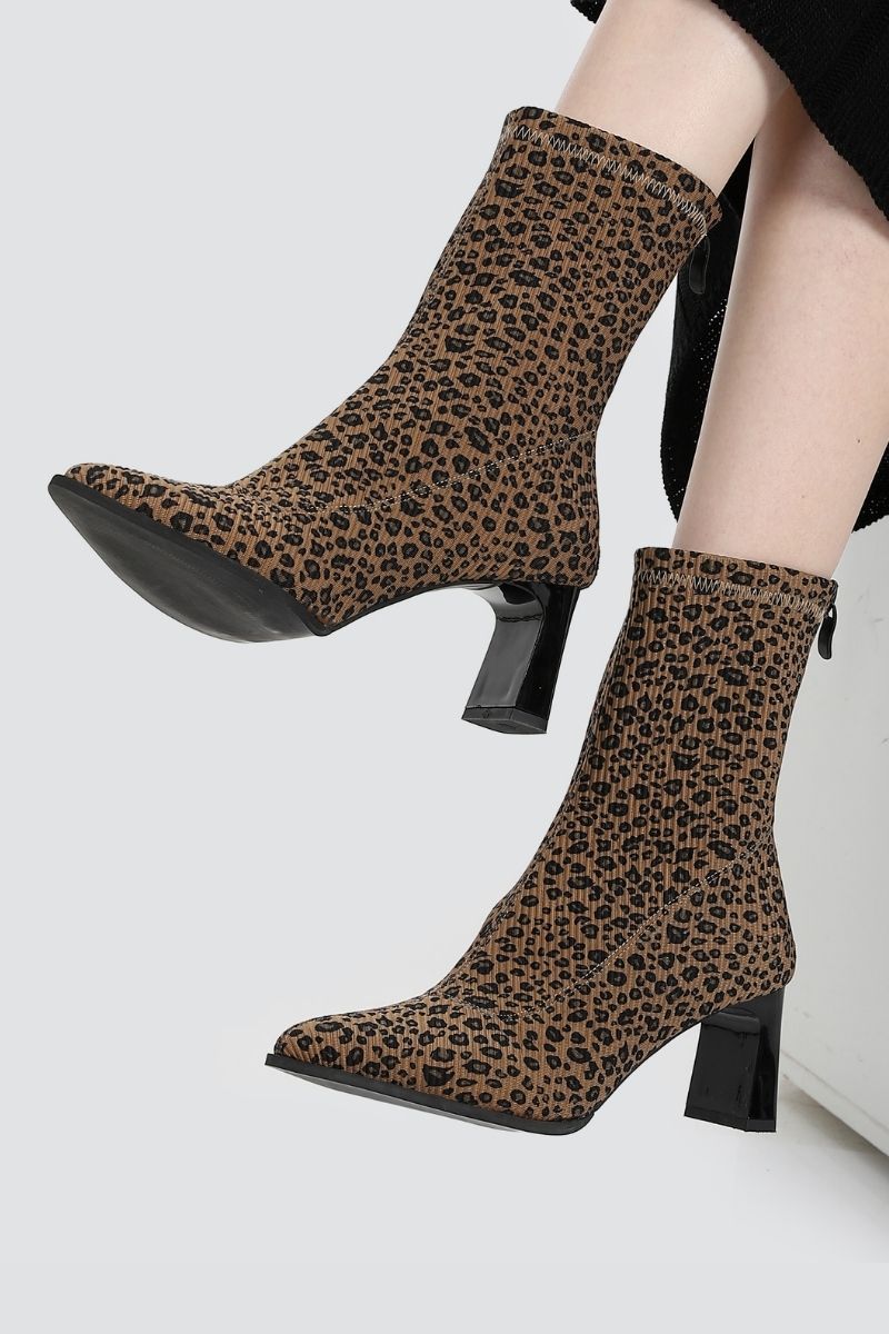 LEOPARD PRINT RIBBED STRETCHABLE ANKLE BOOT