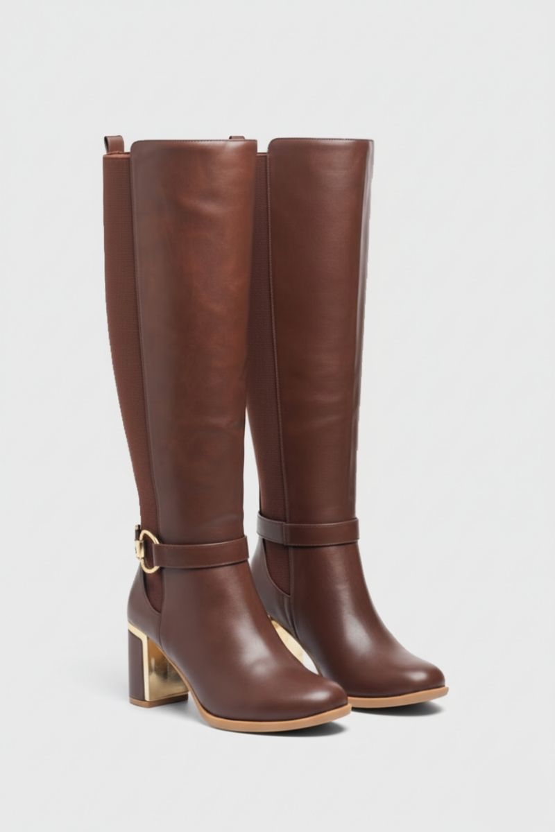 BROWN FAUX LEATHER KNEE-HIGH BOOTS