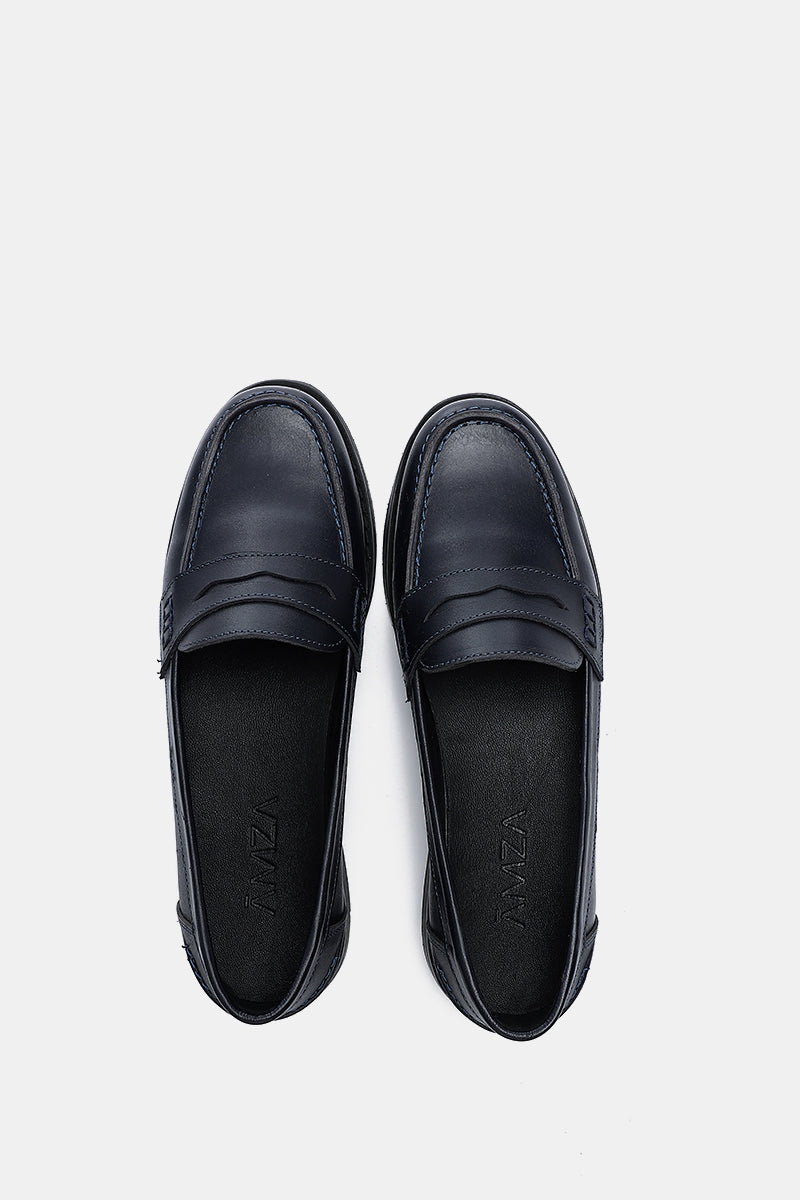 NAVY LEATHER PENNY LOAFERS