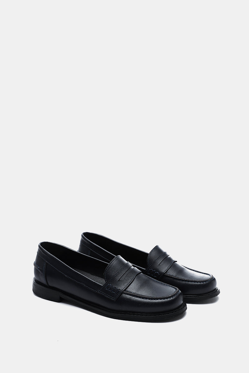 NAVY LEATHER PENNY LOAFERS