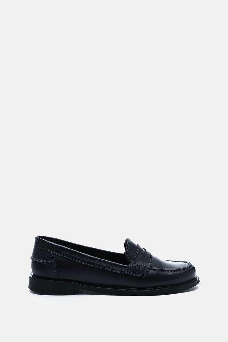 NAVY LEATHER PENNY LOAFERS