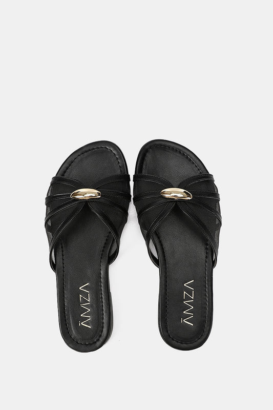 GOLD BUCKLE BLACK SHEER SLIPPERS
