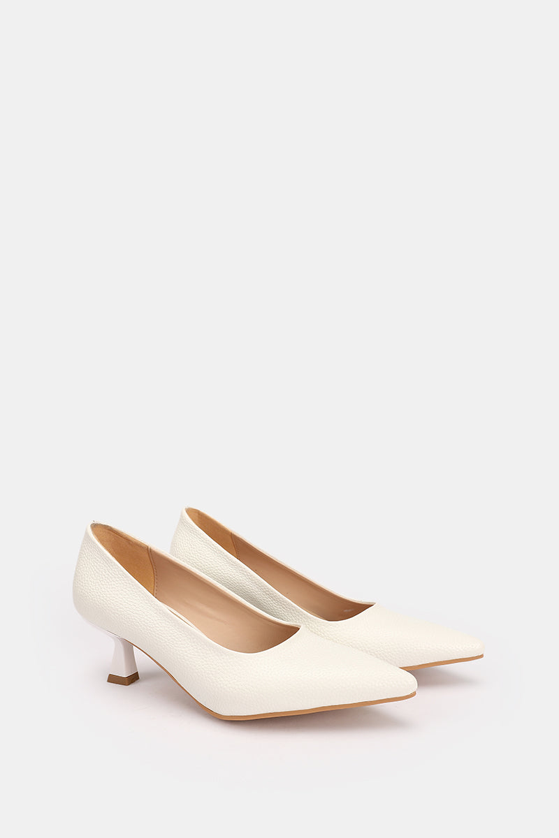 POINTED TOE WHITE TEXTURED KITTEN HEELS
