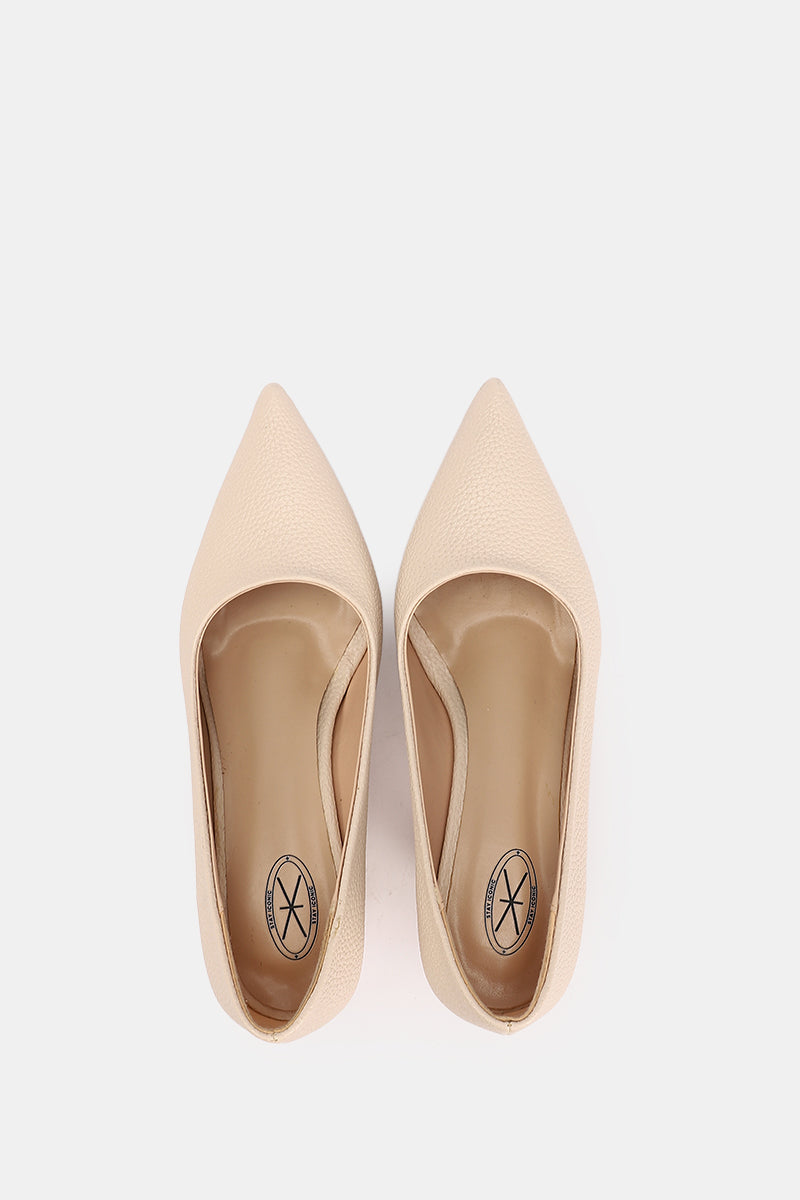 POINTED TOE BEIGE TEXTURED KITTEN HEELS