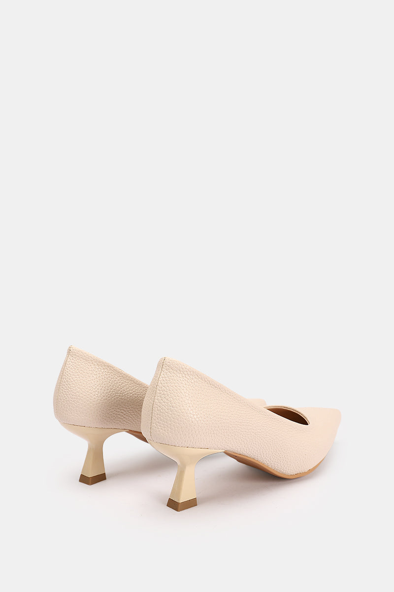POINTED TOE BEIGE TEXTURED KITTEN HEELS