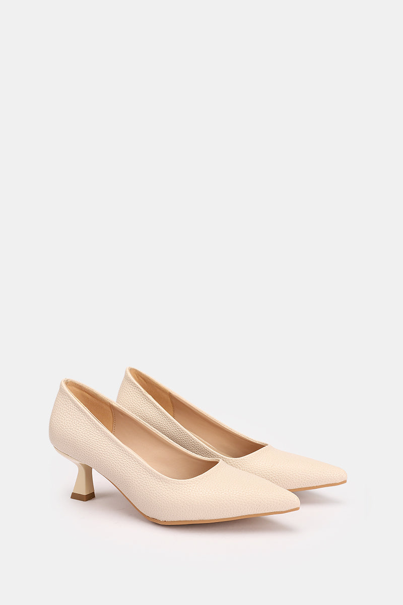 POINTED TOE BEIGE TEXTURED KITTEN HEELS
