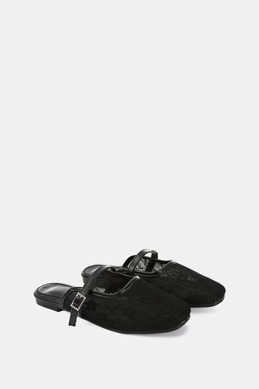 BLACK FLORAL MESH MULE
