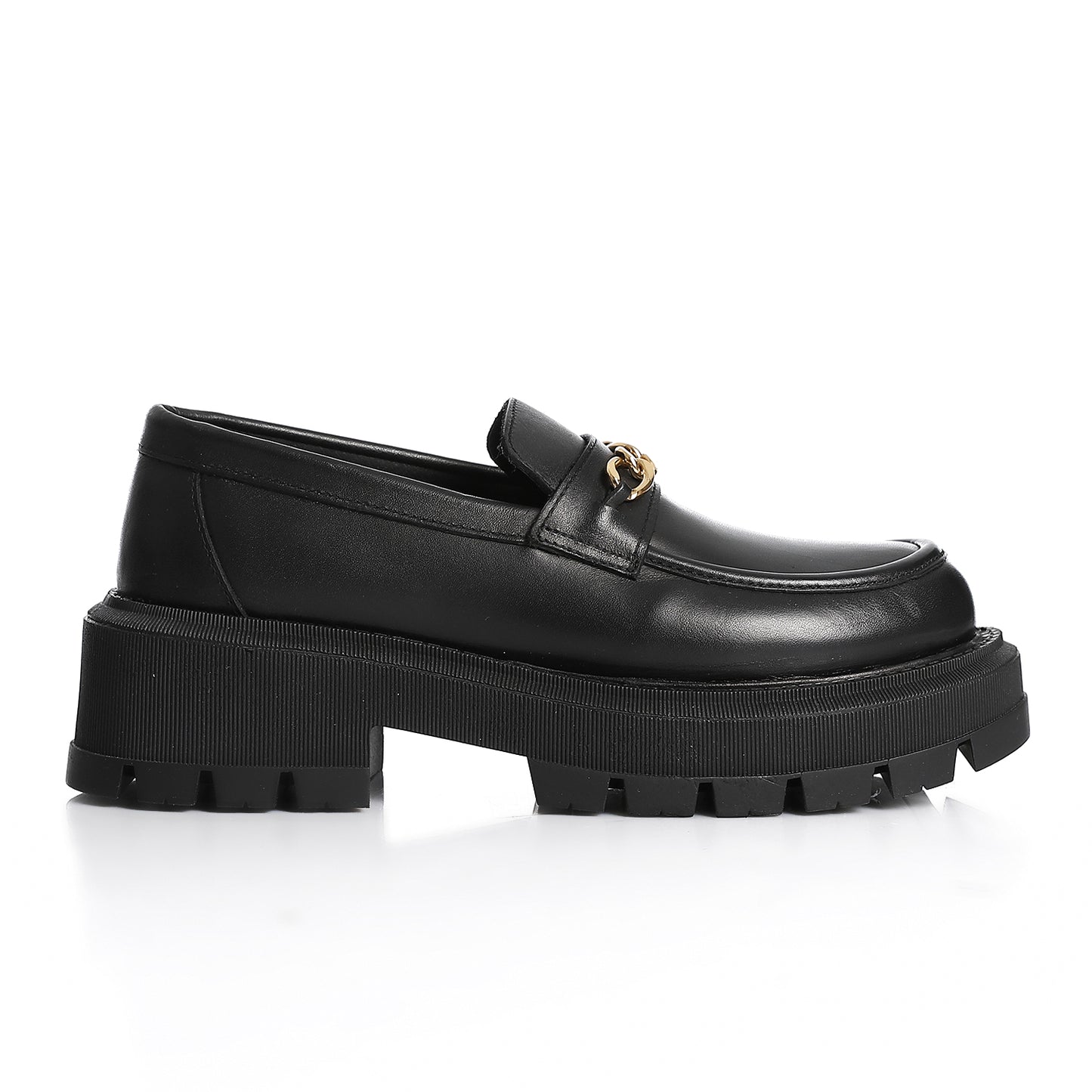 Comfortable black leather loafers with bold chain design and chunky sole