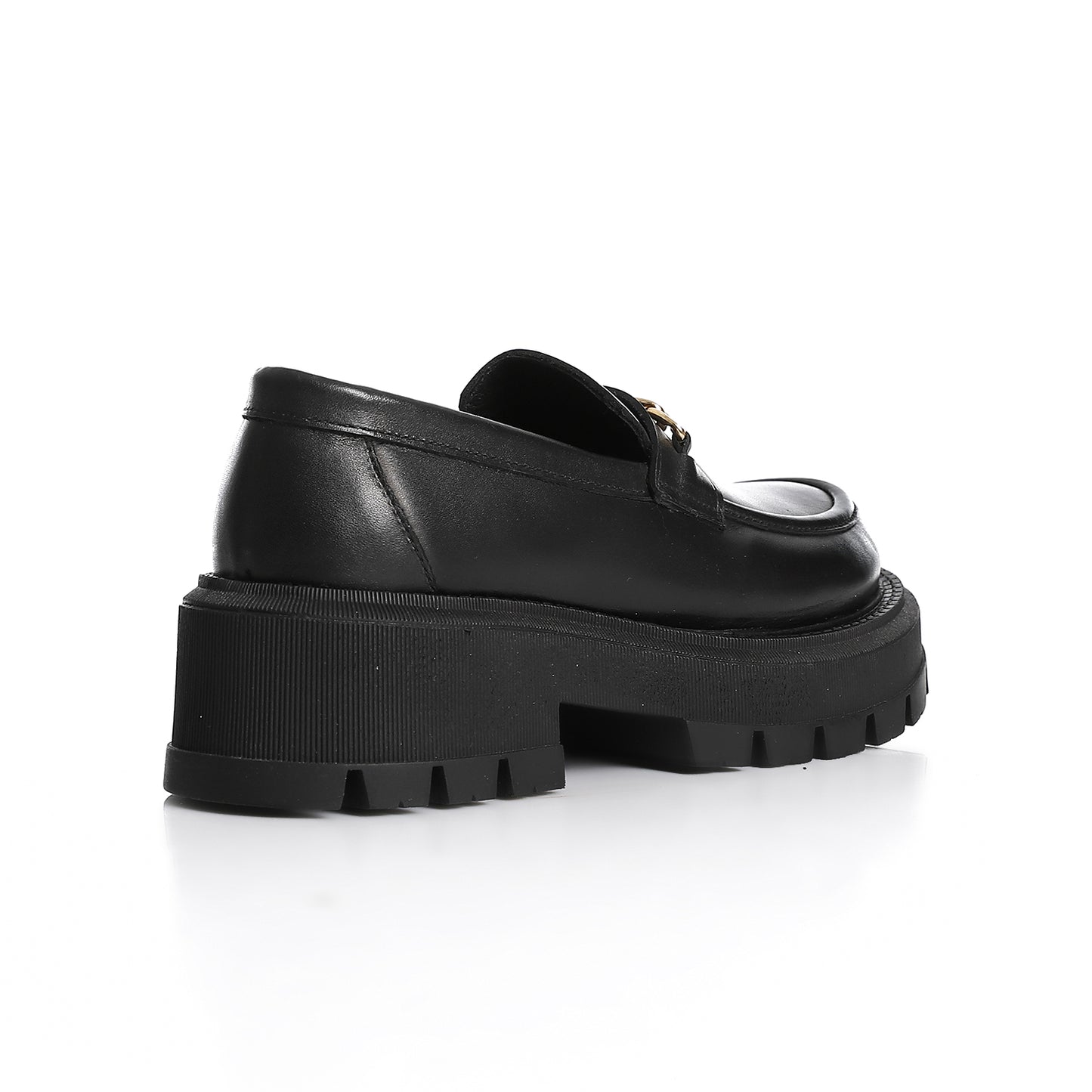 Comfortable black leather loafers with bold chain design and chunky sole