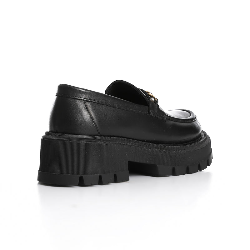 Comfortable black leather loafers with bold chain design and chunky sole