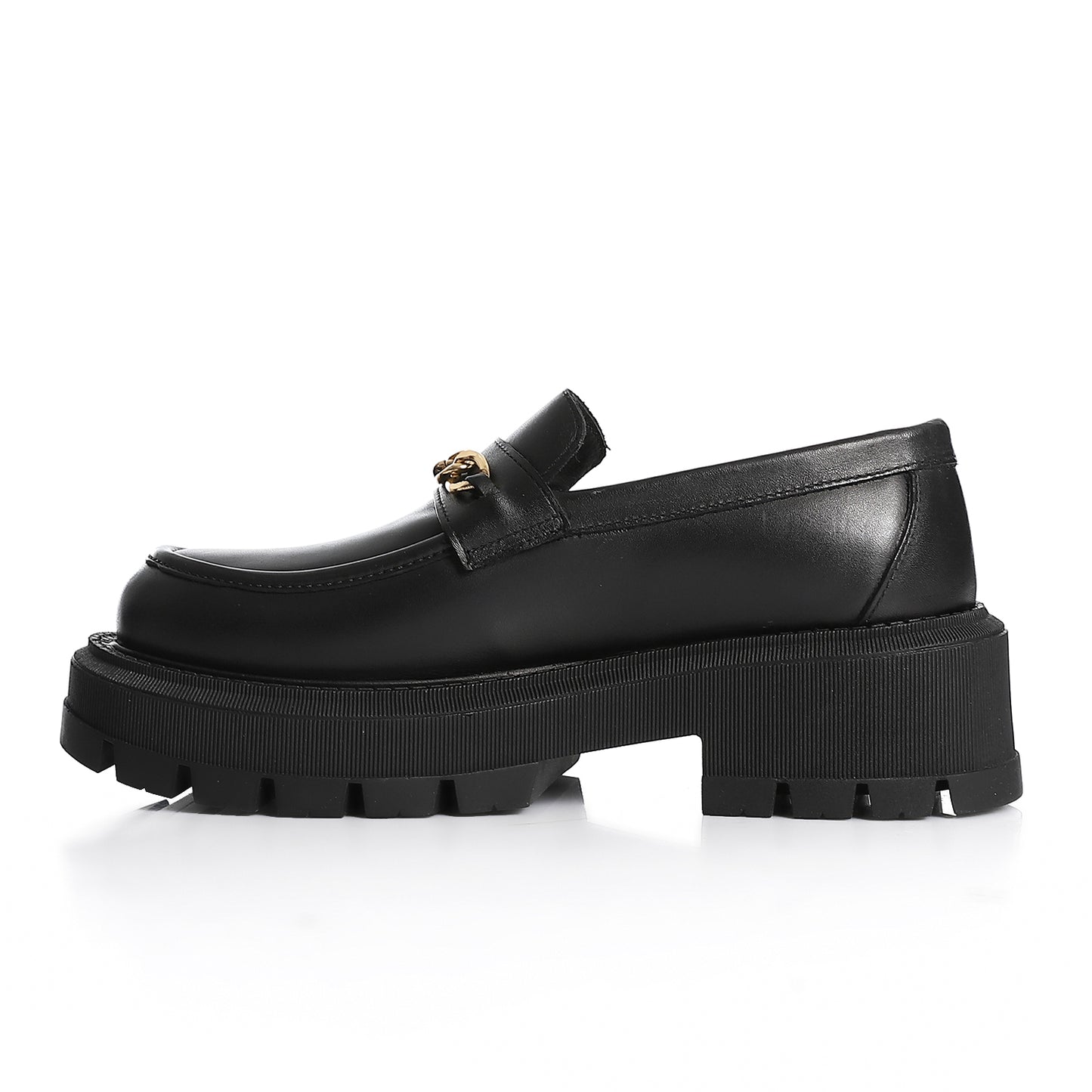 Comfortable black leather loafers with bold chain design and chunky sole