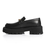 Comfortable black leather loafers with bold chain design and chunky sole