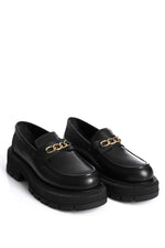 Comfortable black leather loafers with bold chain design and chunky sole