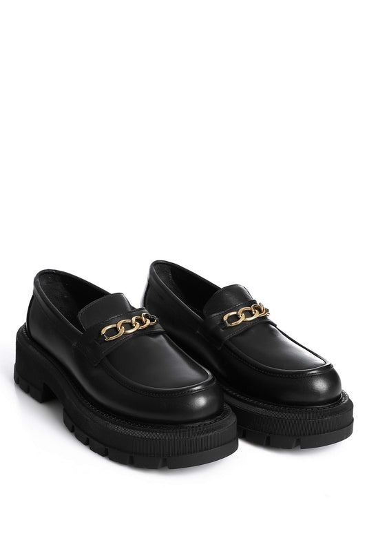 Comfortable black leather loafers with bold chain design and chunky sole